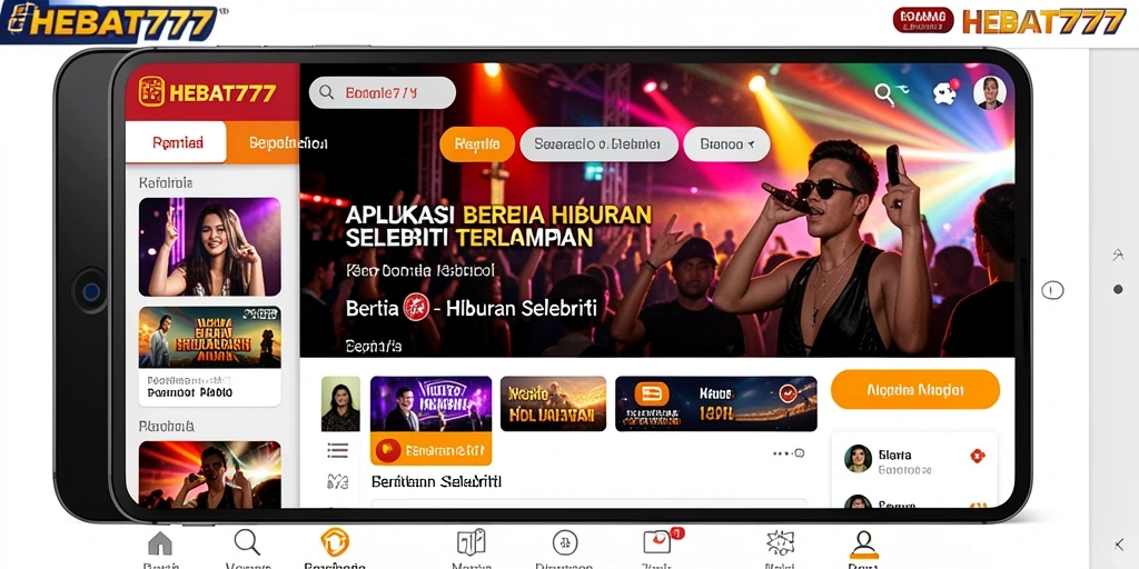 Antarmuka aplikasi HEBAT777 untuk berita hiburan selebriti.