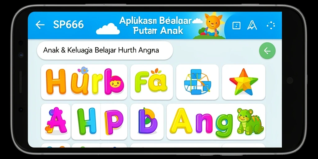 Tampilan antarmuka aplikasi SP666 dengan fitur belajar huruf dan angka.